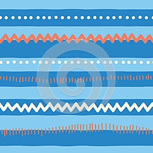 Seamless vector pattern abstract horizontal lines, zigzag, dots, stripes. Red and blue tribal doodle background. Texture for