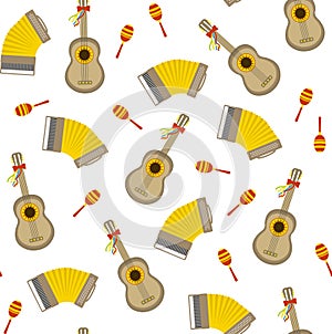 Seamless vector pattern with accordion, guitar and maraca on white background.