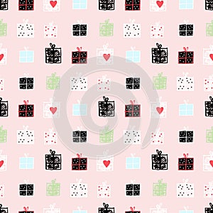 Seamless vector pattern with adorable doodle gift boxes on pink