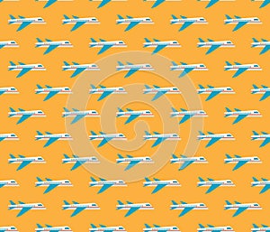 Seamless vector pattern aircraft flying against an orange sky. Flat vector, modern design. Bright background for packaging,