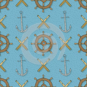 Seamless Vector Pattern with Anchors,Retro Ship Steering Wheels and Spyglasses