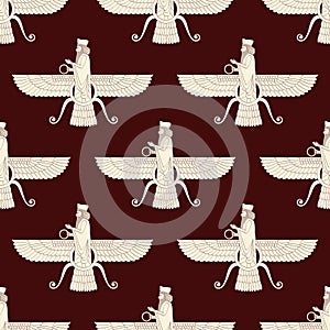 Seamless vector pattern with ancient  sumerian symbol Faravahar