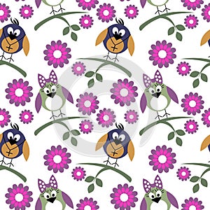 Seamless vector pattern with animals, cute background with birds, flowers and branch with leaves.