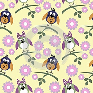 Seamless vector pattern with animals, cute background with birds, flowers and branch with leaves