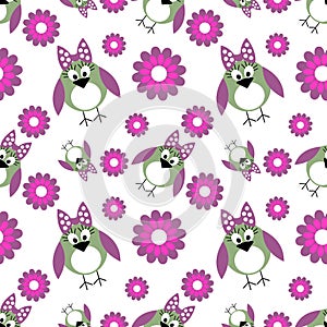 Seamless vector pattern with animals, cute background with birds, flowers and branch with leaves.