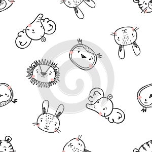 Seamless vector pattern. Animals hand-drawn with felt-tip pen. Tiger, elephant, owl, hare, lion, koala