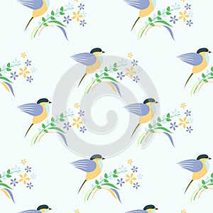 Seamless vector pattern with animals. Symmetrical background with colorful birds, leaves and flowers on the light backdrop