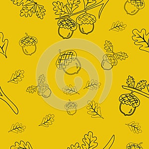 Seamless vector pattern with autumn leaves on colorful orange background. Oak leaf and acorn outline drawing pattern.