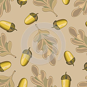 Seamless vector pattern with autumn leaves. Oak leaf and acorn drawing.