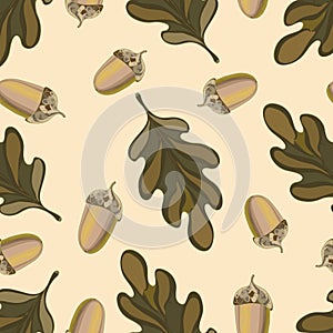 Seamless vector pattern with autumn leaves. Oak leaf and acorn drawing.