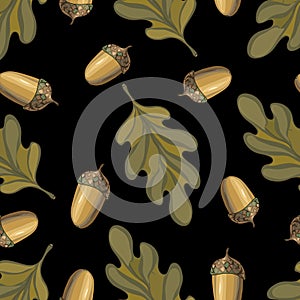 Seamless vector pattern with autumn leaves. Oak leaf and acorn drawing.