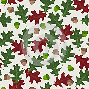 Seamless vector pattern with autumn leaves in seasonal colors. Oak leaf and acorn on white background - Vector