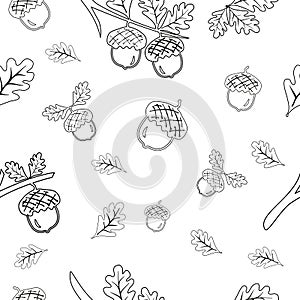 Seamless vector pattern with autumn leaves white background. Oak leaf and acorn outline drawing. Black and white pattern