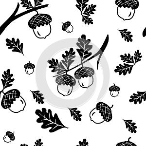 Seamless vector pattern with autumn leaves white background. Oak leaf and drawing. Black and white pattern