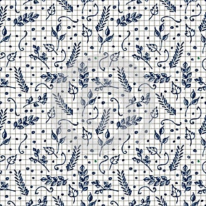 Seamless vector pattern, background with branches and leaves on the chekered paper. Hand sketch drawing.