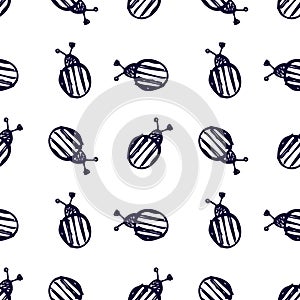 Seamless vector pattern, background with colorado beetle on the white backdrop. Hand sketch drawing. Imitation of ink pencilling