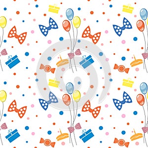 Seamless vector pattern. Background with colorful ballons, bows food and gifts on the white backdrop
