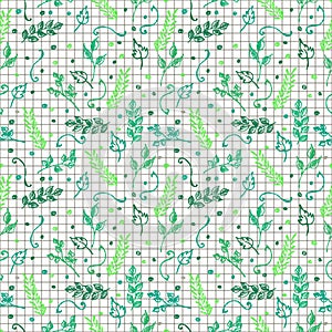 Seamless vector pattern, background with colorful branches and leaves on the chekered paper.