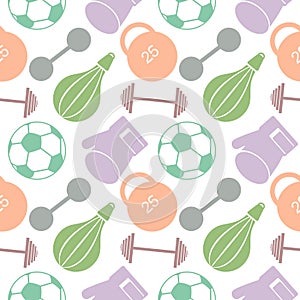 Seamless vector pattern. Background with colorful closeup sports equipment. Soccer ball, punching bag, gloves, barbells, dumbbell