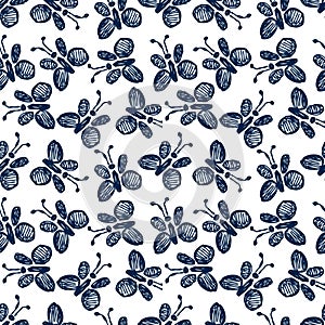 Seamless vector pattern, background with cute butterflies on the white backdrop.