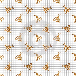 Seamless vector pattern, background with cute wasps on the chekered paper. Hand sketch drawing.