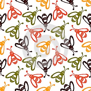 Seamless vector pattern, background with cute wasps on the white backdrop. Hand sketch drawing. Imitation of ink pencilling.