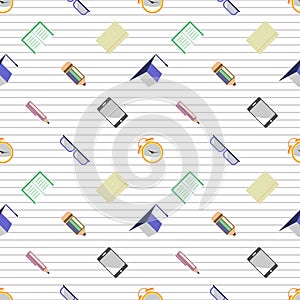 Seamless vector pattern, background with glasses, academic caps, letters, pens, pencils, notebooks and alarm clocks on the lined w