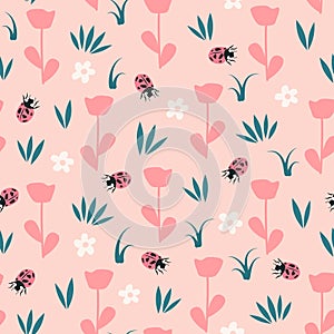 seamless vector pattern background illustration with daisy flowers, pink poppy, green grass and red ladybug insects