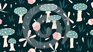Cute seamless vector pattern background illustration with mushrooms, dragonfly, grass, acorns and stars
