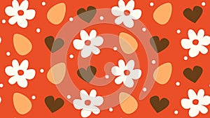 seamless vector pattern background illustration with yellow easter eggs, white daisy flowers and chocolate brown hearts