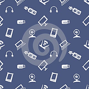 Seamless vector pattern, background monitor, notebook, router, usb and microphone on the blue backdrop.
