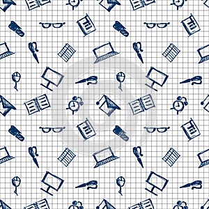 Seamless vector pattern, background notebooks, pens, pencils, glasses and books on the checkered paper.
