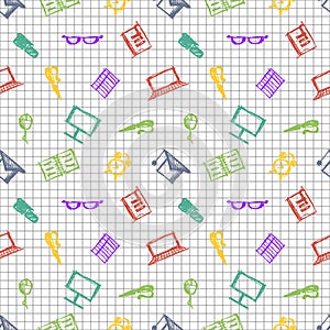 Seamless vector pattern, background notebooks, pens, pencils, glasses and books on the checkered paper.