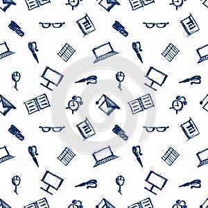 Seamless vector pattern, background notebooks, pens, pencils, glasses and books on the white backdrop