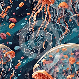 Seamless vector pattern background in paper art style with colorful handmade jellyfish