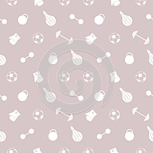 Seamless vector pattern. Background with white sports equipment. Soccer ball, punching bag, gloves, barbells, dumbbells and weigh