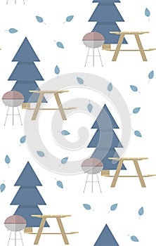 Seamless vector pattern with barbeque, wooden table, bench, leaves and fir tree on a white background.