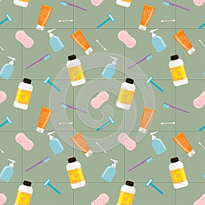 Seamless vector pattern of bath tubes, bottles, razers and sponges