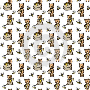 Seamless vector pattern with bears, honey pots and bees