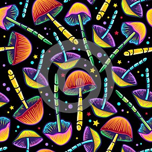 Seamless vector pattern of beautiful psilocybin mushrooms. Fantastic wallpaper of hallucinogenic mushrooms. Amazing wrapping paper