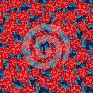 Seamless vector pattern with beautiful red flowers and blue laves on dark blue background