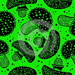 Seamless vector pattern of black psilocybin mushrooms on light green background. Wallpaper of hallucinogenic mushrooms in acid