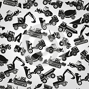 Seamless vector pattern with black and white construction vehicles