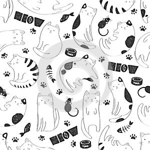 Seamless vector pattern with black and white cute cats, fish bones, cat paws, pet food on white background. Cat lover design for