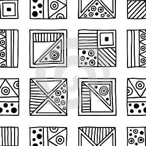 Seamless vector pattern. Black and white geometrical background with hand drawn decorative tribal elements. Print with ethnic, fol