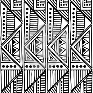 Seamless vector pattern. Black and white geometrical background with hand drawn decorative tribal elements. Print with ethnic, fol