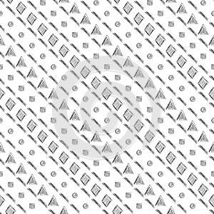 Seamless vector pattern. Black and white geometrical background with hand drawn triangles, squares, rhombus, lines, circles.