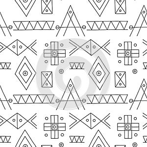 Seamless vector pattern. Black and white geometrical hand drawn background with etnic elements. Print for background, wallpaper,
