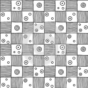 Seamless vector pattern. Black and white geometrical hand drawn background with figures, squares, circle, dots, lines. Print for