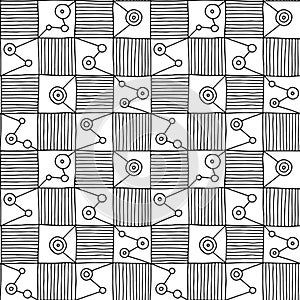 Seamless vector pattern. Black and white geometrical hand drawn background with figures, squares, circle, dots, lines. Print for